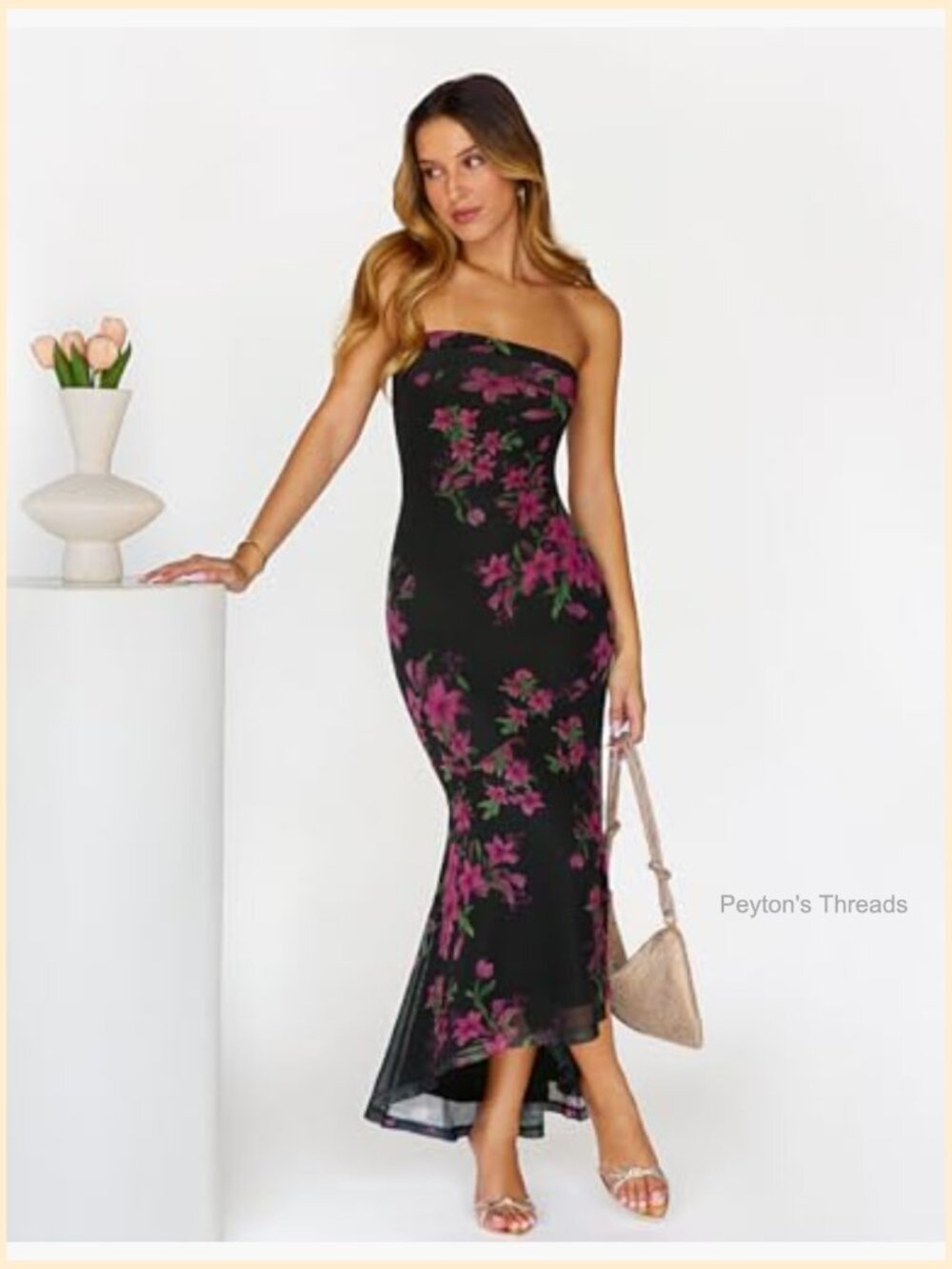 Strapless Floral Bodycon Maxi Dress Mermaid Cocktail Wedding Guest - Picture 2 of 7